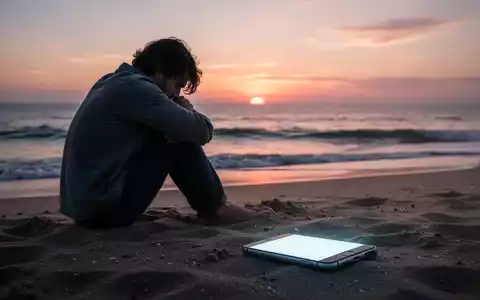 Eine einsame Person sitzt am Strand bei Sonnenuntergang, blickt aufs Meer, während ein leuchtendes Smartphone im Sand liegt. - Foto: über boerse-global.de