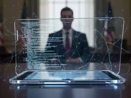 Eine transparente Tablet-Oberfläche zeigt Code und Text, überlagert von digitalen neuronalen Netzwerkmustern. Im Hintergrund verschwommene Figur. - Foto: über boerse-global.de