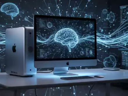 Apple Mac Studio M4 Max on a desk, surrounded by ethereal blue light and abstract data streams, symbolizing AI development. - Foto: über boerse-global.de