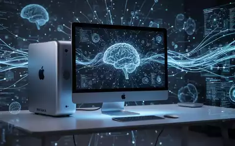 Apple Mac Studio M4 Max on a desk, surrounded by ethereal blue light and abstract data streams, symbolizing AI development. - Foto: über boerse-global.de