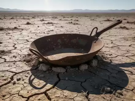 Eine verlassene, rostige Goldpfanne liegt in trockener, rissiger Erde unter der sengenden Sonne und wirft einen langen Schatten. - Foto: über boerse-global.de