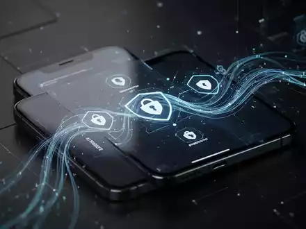 Ein Smartphone-Bildschirm zeigt eine datenschutzfreundliche Benutzeroberfläche und fließende Datenlinien, die Migration und Sicherheit symbolisieren. - Foto: über boerse-global.de