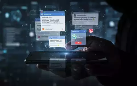 Eine Hand hält ein Smartphone; darüber schweben holografische Projektionen von Phishing-E-Mails und Vishing-Anrufen. - Foto: über boerse-global.de