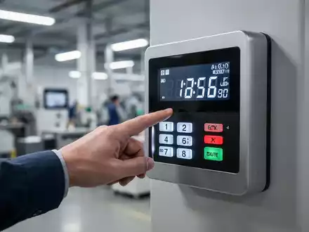 Nahaufnahme einer Hand, die eine moderne elektronische Zeiterfassung stempelt, im Vordergrund ein digitales Display. - Foto: über boerse-global.de