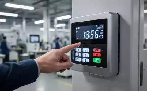Nahaufnahme einer Hand, die eine moderne elektronische Zeiterfassung stempelt, im Vordergrund ein digitales Display. - Foto: über boerse-global.de