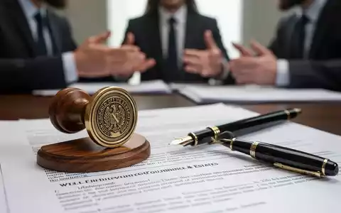 Ein Notarsiegel und ein Füllfederhalter auf juristischen Dokumenten, mit unscharfen Personen im Hintergrund. Symbolisiert Erbrecht und Konfliktlösung. - Foto: über boerse-global.de