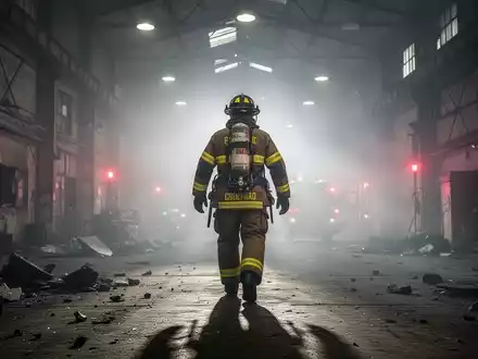 Ein Feuerwehrmann in voller Ausrüstung geht durch eine rauchgefüllte Industriehalle. Fokus auf Brandschutz und Sicherheit. - Foto: über boerse-global.de