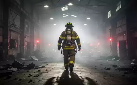 Ein Feuerwehrmann in voller Ausrüstung geht durch eine rauchgefüllte Industriehalle. Fokus auf Brandschutz und Sicherheit. - Foto: über boerse-global.de