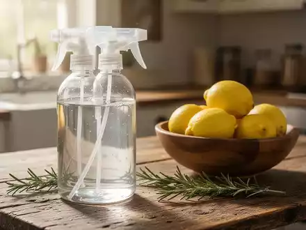 Eine Sprühflasche mit natürlichem Reinigungsmittel, daneben Zitronen und Rosmarin auf einer Holzarbeitsplatte. - Foto: über boerse-global.de