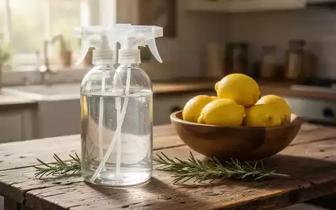 Eine Sprühflasche mit natürlichem Reinigungsmittel, daneben Zitronen und Rosmarin auf einer Holzarbeitsplatte. - Foto: über boerse-global.de