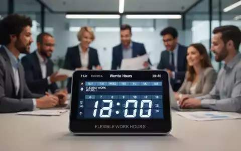 Eine digitale Zeiterfassungsuhr zeigt flexible Arbeitszeiten an, im Hintergrund verschwommen arbeitende Personen in einem modernen Büro. - Foto: über boerse-global.de
