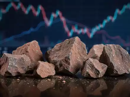 Nahaufnahme von Bauxiterzproben auf dunklem Untergrund mit unscharfem Finanzdiagramm im Hintergrund, das einen Abwärtstrend zeigt. - Foto: über boerse-global.de