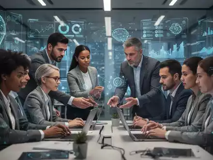 Menschen arbeiten zusammen in einem modernen Büro, umgeben von digitalen Schnittstellen, was die Bedeutung menschlicher Fähigkeiten im KI-Zeitalter symbolisiert. - Foto: über boerse-global.de