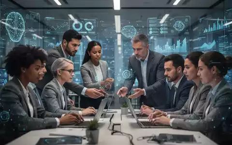 Menschen arbeiten zusammen in einem modernen Büro, umgeben von digitalen Schnittstellen, was die Bedeutung menschlicher Fähigkeiten im KI-Zeitalter symbolisiert. - Foto: über boerse-global.de