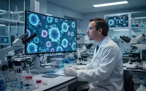 Ein Wissenschaftler in einem modernen Labor, der leuchtende Krebszellen auf einem Bildschirm betrachtet und von Forschungsgeräten umgeben ist. - Foto: über boerse-global.de