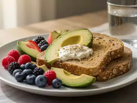 Nahaufnahme eines gesunden Frühstücks mit frischen Beeren, Avocado und Vollkorntoast, das eine ausgewogene Ernährung symbolisiert. - Foto: über boerse-global.de