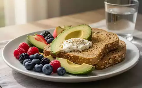 Nahaufnahme eines gesunden Frühstücks mit frischen Beeren, Avocado und Vollkorntoast, das eine ausgewogene Ernährung symbolisiert. - Foto: über boerse-global.de