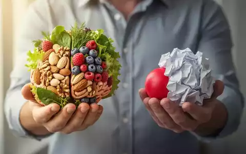 Hände halten ein Gehirn aus gesunden Lebensmitteln und einen Stressball, symbolisierend den Einfluss von Ernährung auf Stress. - Foto: über boerse-global.de