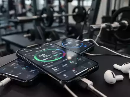 iPhone screen displaying fitness data, with AirPods Pro and gym equipment in the background, illustrating technology-driven fitness. - Foto: über boerse-global.de