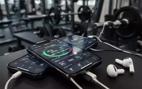 iPhone screen displaying fitness data, with AirPods Pro and gym equipment in the background, illustrating technology-driven fitness. - Foto: über boerse-global.de