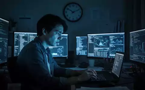 Eine Person sitzt nachts vor mehreren Computerbildschirmen, das Gesicht vom blauen Licht beleuchtet, Ausdruck von Müdigkeit und Stress. - Foto: über boerse-global.de