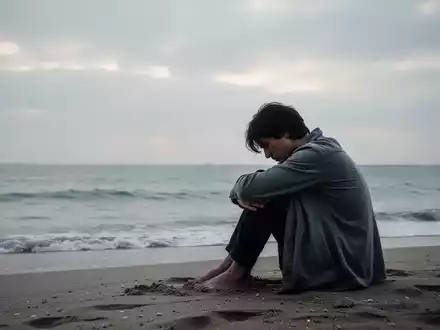 Eine Person sitzt allein am Strand und blickt aufs Meer, Haltung vermittelt Erschöpfung und Nachdenklichkeit unter bewölktem Himmel. - Foto: über boerse-global.de