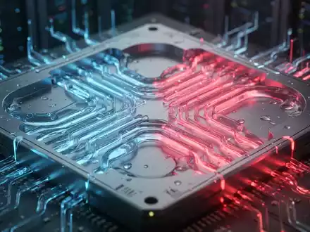 Close-up of glowing blue and red microchannels integrated into a silicon chip, representing advanced liquid cooling for AI data centers. - Foto: über boerse-global.de