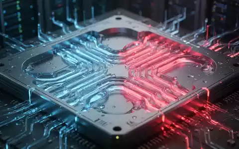Close-up of glowing blue and red microchannels integrated into a silicon chip, representing advanced liquid cooling for AI data centers. - Foto: über boerse-global.de