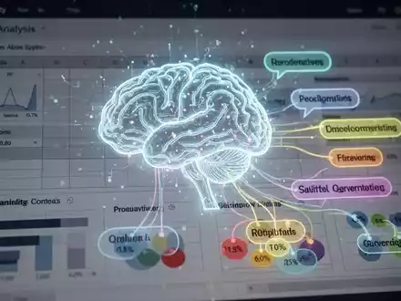 A stylized AI brain icon glowing over an Excel spreadsheet, with text data being categorized into groups, symbolizing AI-powered data analysis. - Foto: über boerse-global.de