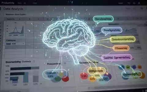 A stylized AI brain icon glowing over an Excel spreadsheet, with text data being categorized into groups, symbolizing AI-powered data analysis. - Foto: über boerse-global.de