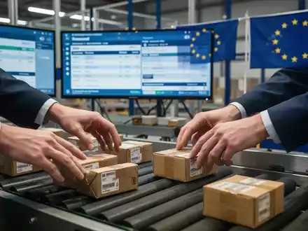 Hände sortieren kleine Pakete auf einem Förderband, im Hintergrund digitale Bildschirme mit Zolldaten und EU-Flaggen. - Foto: über boerse-global.de