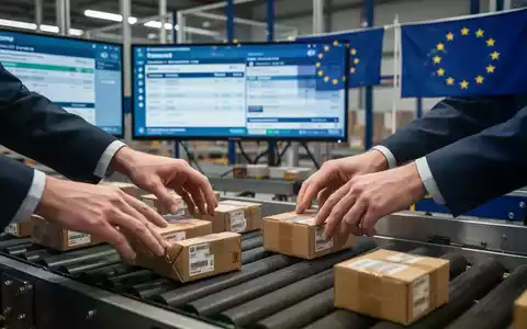 Hände sortieren kleine Pakete auf einem Förderband, im Hintergrund digitale Bildschirme mit Zolldaten und EU-Flaggen. - Foto: über boerse-global.de