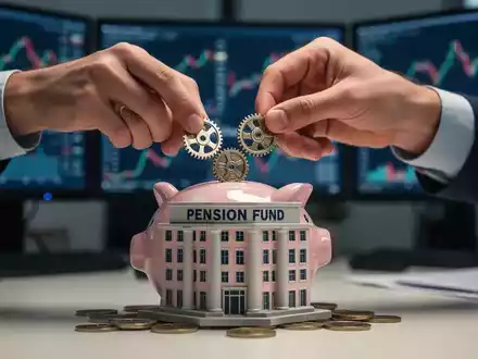 Hände legen münzähnliche Zahnräder in ein kleines Gebäude der Rentenkasse, das Sparen und Altersvorsorge symbolisiert. - Foto: über boerse-global.de