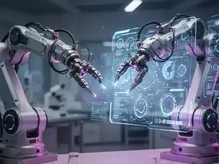 A sophisticated robotic arm with intricate sensors and grippers interacting with a holographic interface in a high-tech lab. - Foto: über boerse-global.de