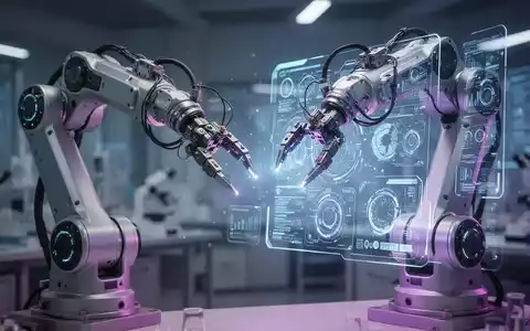 A sophisticated robotic arm with intricate sensors and grippers interacting with a holographic interface in a high-tech lab. - Foto: über boerse-global.de