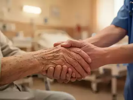 Eine Hand einer Pflegekraft hält sanft die Hand eines älteren Menschen, symbolisiert Fürsorge und Unterstützung in der Altenpflege. - Foto: über boerse-global.de