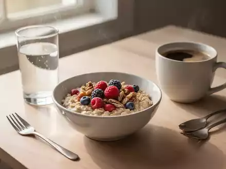 Ein ausgewogenes Frühstück mit Haferflocken, Beeren, Nüssen und Kaffee auf einem Holztisch bei sanftem Morgenlicht. - Foto: über boerse-global.de