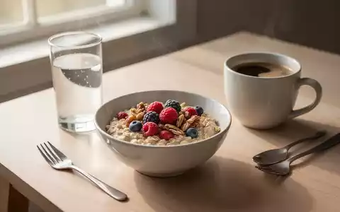 Ein ausgewogenes Frühstück mit Haferflocken, Beeren, Nüssen und Kaffee auf einem Holztisch bei sanftem Morgenlicht. - Foto: über boerse-global.de