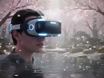 Eine Person mit VR-Headset ist in einem ruhigen digitalen Zen-Garten mit leuchtenden Kirschblüten und Wasser versunken. - Foto: über boerse-global.de