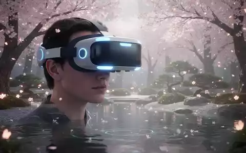 Eine Person mit VR-Headset ist in einem ruhigen digitalen Zen-Garten mit leuchtenden Kirschblüten und Wasser versunken. - Foto: über boerse-global.de