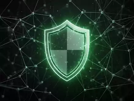 A glowing digital shield icon overlaid on a dark, abstract background of interconnected digital nodes and lines, symbolizing cybersecurity. - Foto: über boerse-global.de
