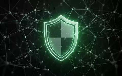 A glowing digital shield icon overlaid on a dark, abstract background of interconnected digital nodes and lines, symbolizing cybersecurity. - Foto: über boerse-global.de