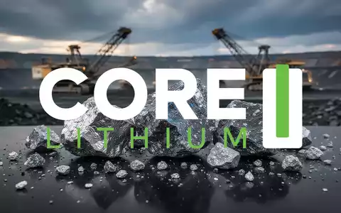 Nahaufnahme von Lithium-Erzgestein auf einer dunklen Oberfläche, im Hintergrund verschwommen Bergbauausrüstung und eine Mine. - Foto: über boerse-global.de