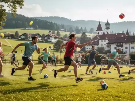 Eine vielfältige Gruppe von Menschen jeden Alters betreibt verschiedene Outdoor-Sportarten in einem Park in Bayern. - Foto: über boerse-global.de