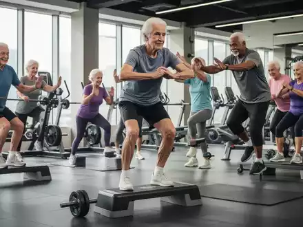 Senioren trainieren in einem modernen Fitnessstudio und führen gelenkschonende Kraftübungen wie Step-ups aus, um Beweglichkeit und Muskelkraft zu erhalten. - Foto: über boerse-global.de