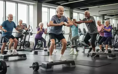 Senioren trainieren in einem modernen Fitnessstudio und führen gelenkschonende Kraftübungen wie Step-ups aus, um Beweglichkeit und Muskelkraft zu erhalten. - Foto: über boerse-global.de