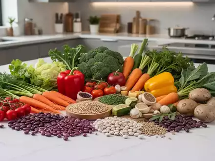 Eine Nahaufnahme einer bunten Auswahl an frischem Gemüse, Hülsenfrüchten und pflanzlichen Proteinen auf einer modernen Küchenarbeitsplatte. - Foto: über boerse-global.de