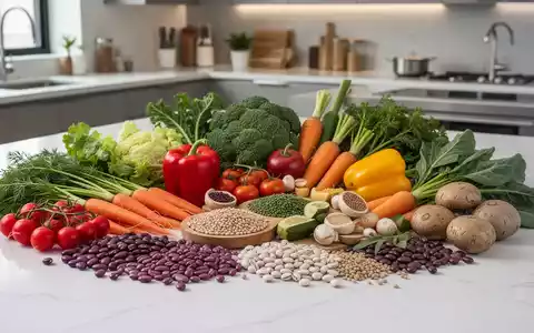 Eine Nahaufnahme einer bunten Auswahl an frischem Gemüse, Hülsenfrüchten und pflanzlichen Proteinen auf einer modernen Küchenarbeitsplatte. - Foto: über boerse-global.de