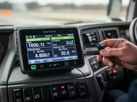 Nahaufnahme eines digitalen Tachographen im Armaturenbrett eines Transporters, der Fahrdaten anzeigt. Eine Hand schiebt eine Fahrerkarte ein. - Foto: über boerse-global.de