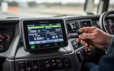 Nahaufnahme eines digitalen Tachographen im Armaturenbrett eines Transporters, der Fahrdaten anzeigt. Eine Hand schiebt eine Fahrerkarte ein. - Foto: über boerse-global.de